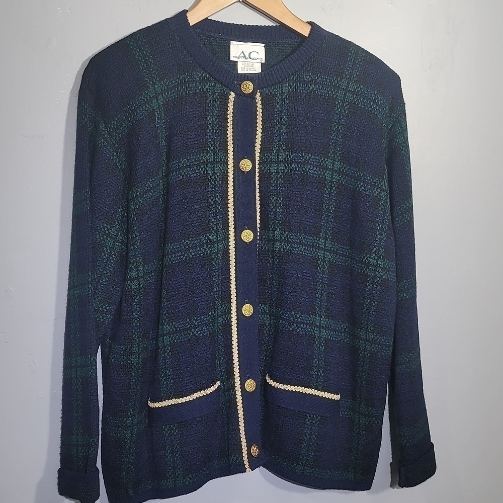 VINTAGE 80's American Collection Plaid Navy Green Grandma Core Cardigan Sweater